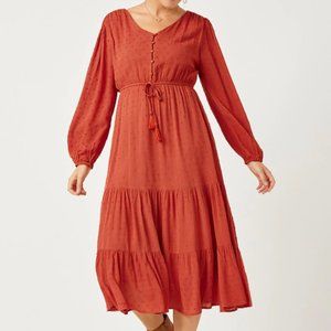 Ladies Rust Red Swiss Dot Tiered Midi Dress - FINAL CLEARANCE
